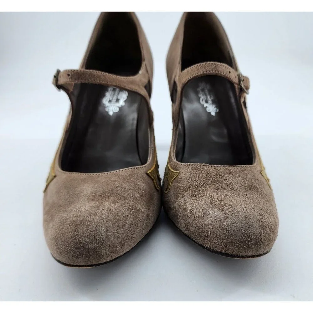 Lulu Guinness Women's Leather Slip On Mary Jane Pump Heels Tan Suede EUR 38 US 7